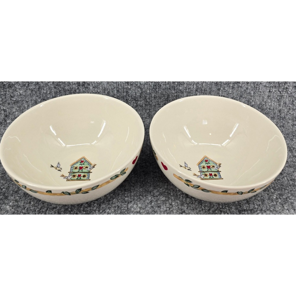 Vtg Thomson Pottery Birdhouse Cereal Bowls Set of 2 Cream Hearts 6" Country Folk